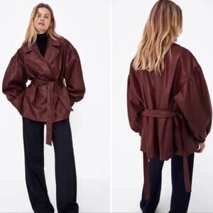 NWOT Zara Blogger Maroon Faux Leather Belted Oversized Blazer Jacket.
